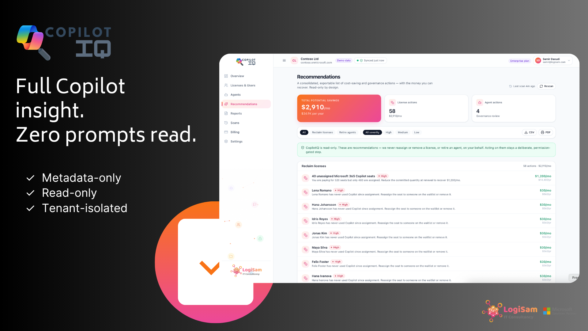 Copilot monitoring privacy, metadata-only Copilot tracking, read-only Copilot governance, CISO Copilot approval, Copilot ROI without prompt access, tenant-isolated Copilot data, Copilot data privacy, Copilot governance tool, least-privilege Microsoft Graph scopes, Copilot Insights