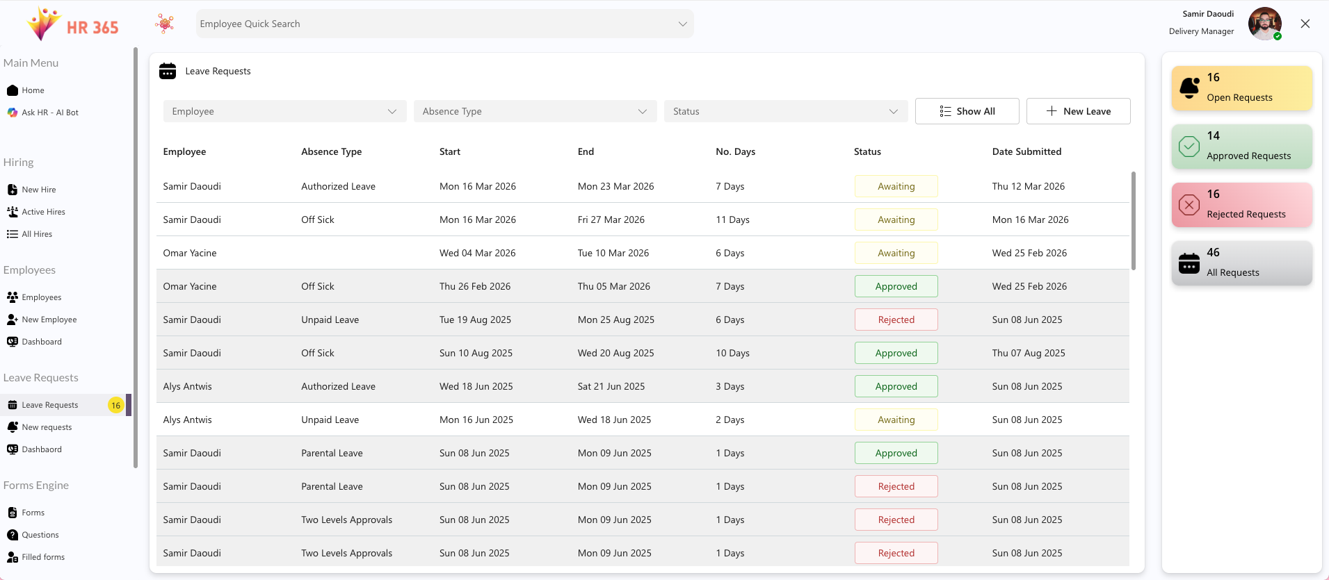 HR 365 HR leave requests list