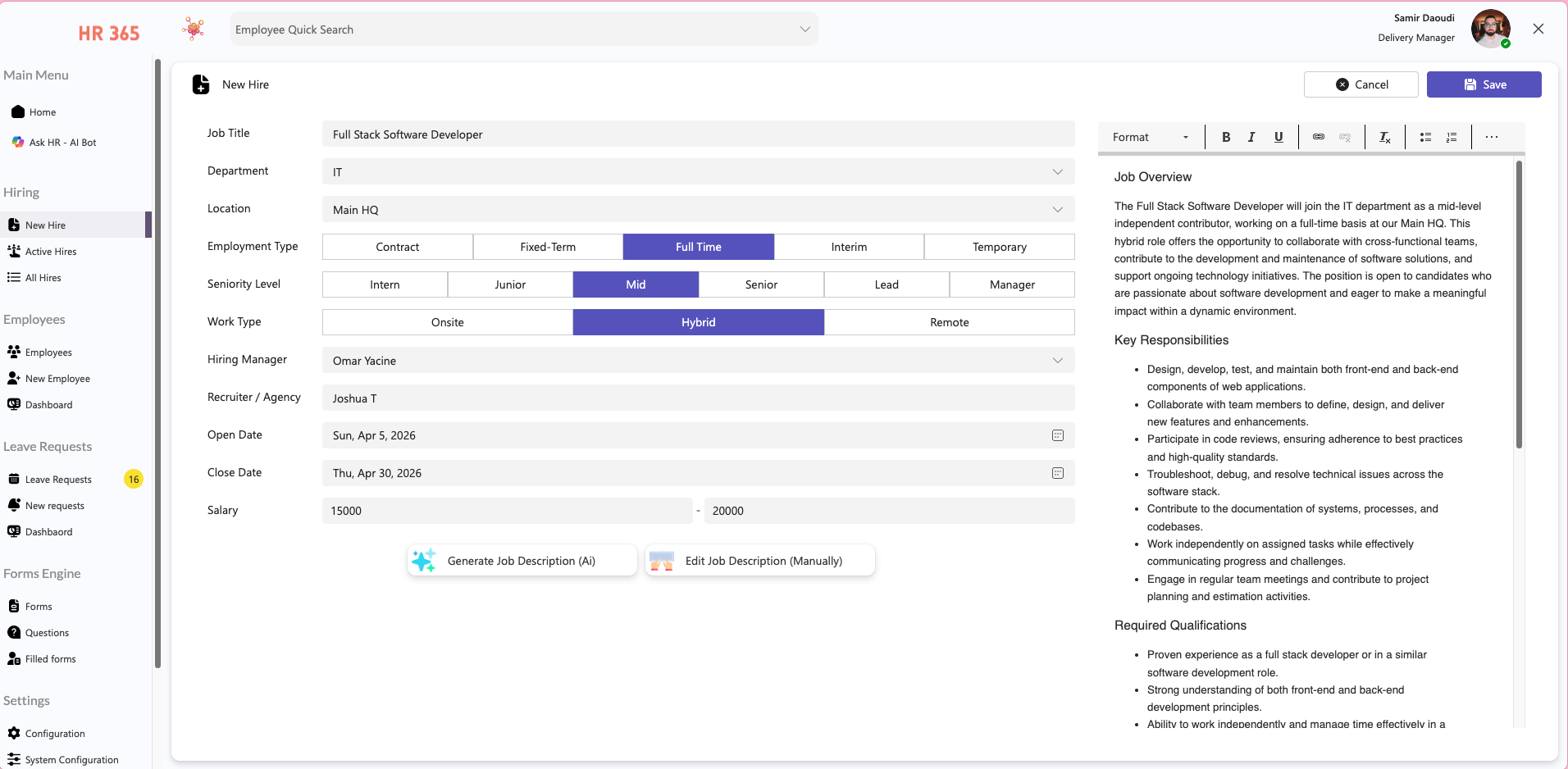HR 365 AI job description generator