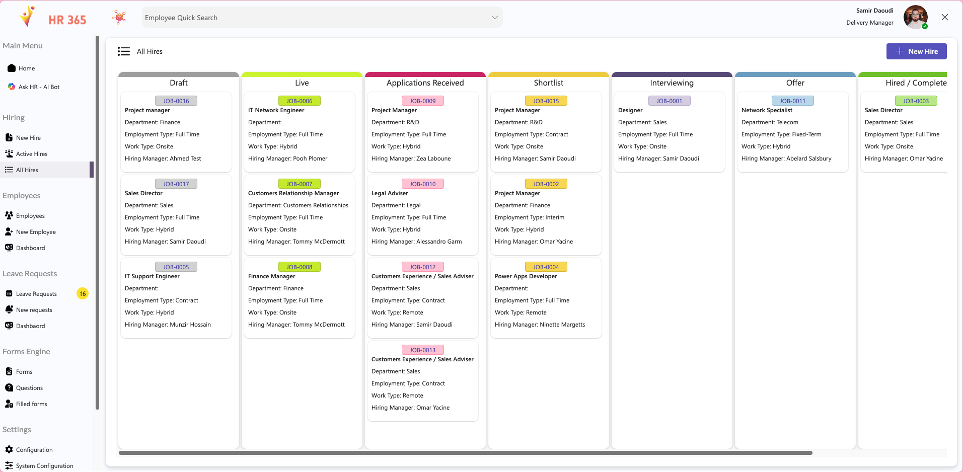 HR 365 Kanban board of job postings