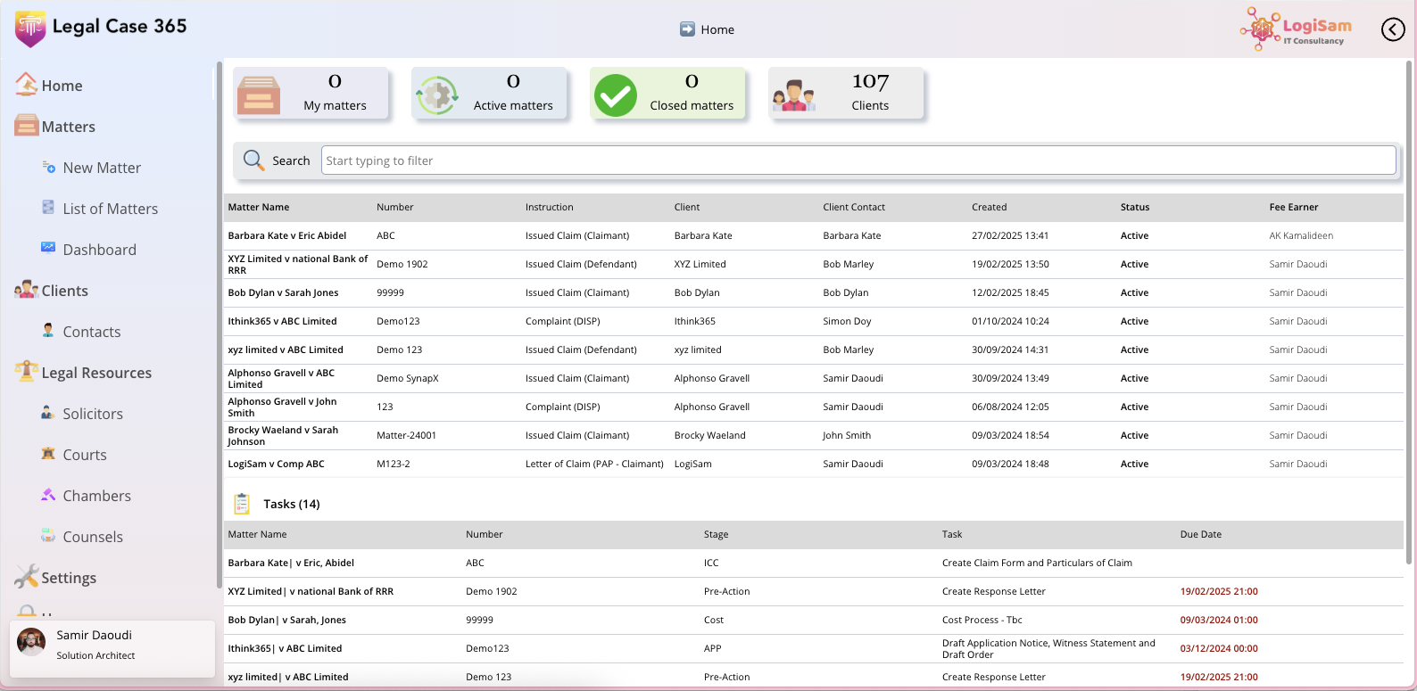 LegalCase 365 matters list and tasks inside Microsoft 365