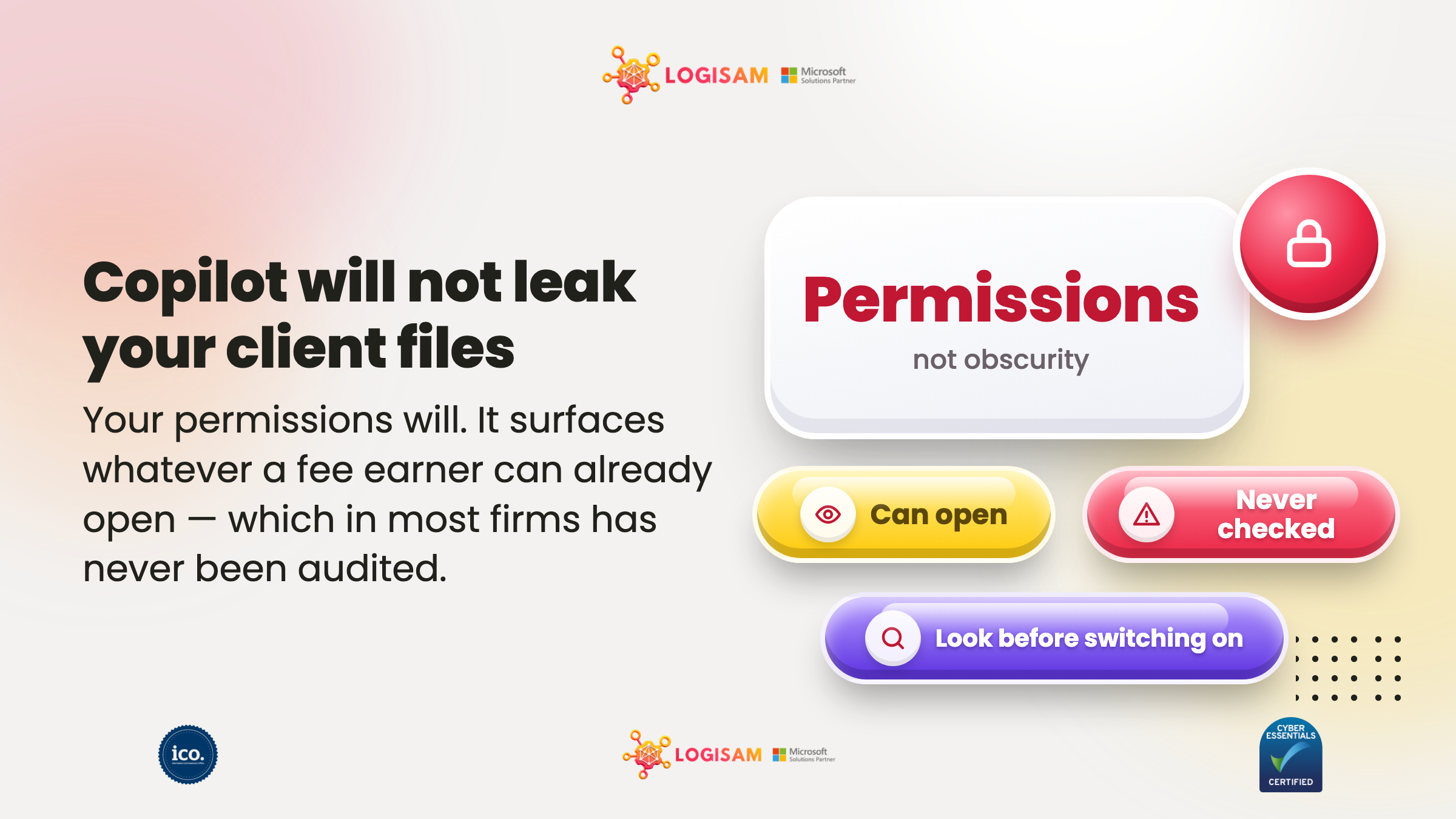 LogiSam banner: Copilot in a law firm surfaces whatever permissions already allow