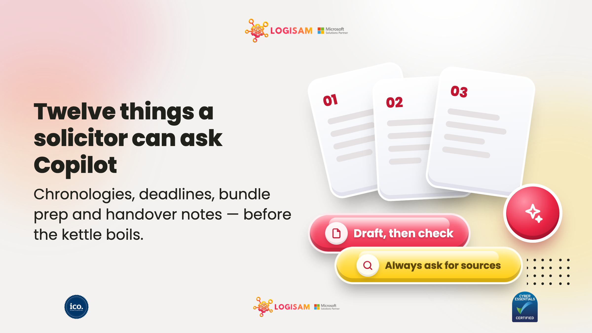 LogiSam banner: twelve Microsoft 365 Copilot prompts a solicitor can use on a Monday morning