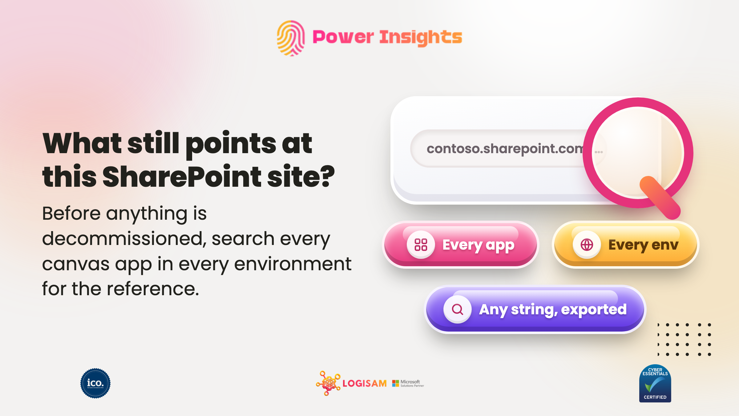 Power Insights banner: searching every Power App in every environment for a SharePoint site or Power BI report reference