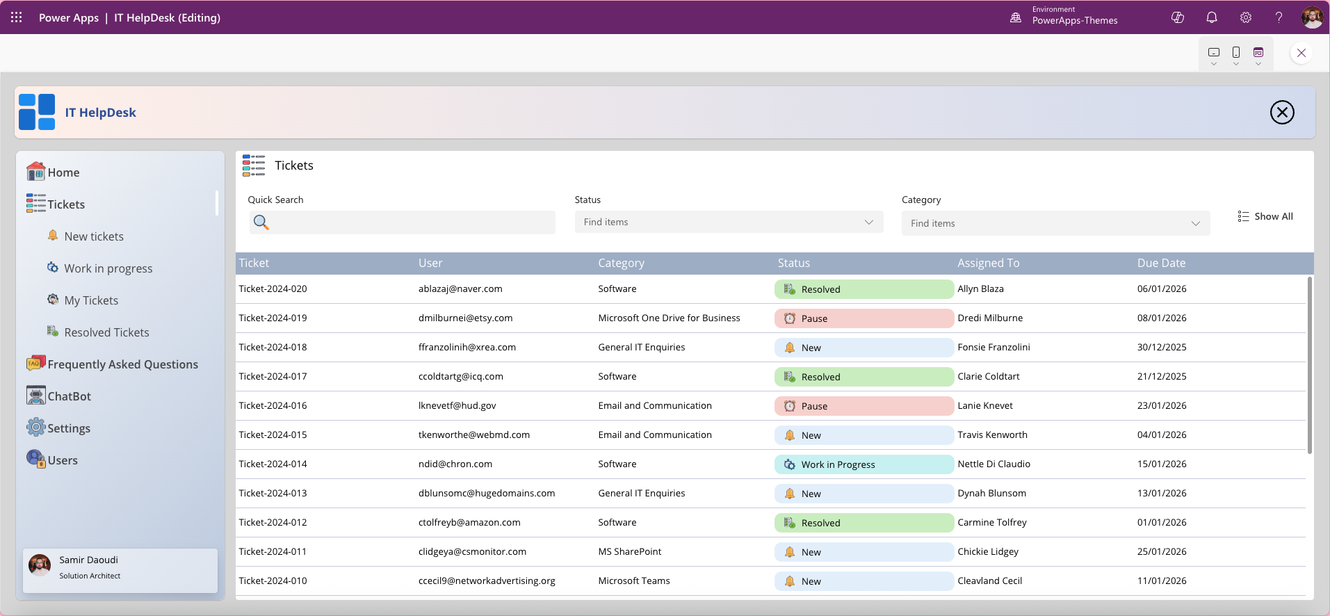 IT HelpDesk Power Apps template – create and assign IT support ticket screen