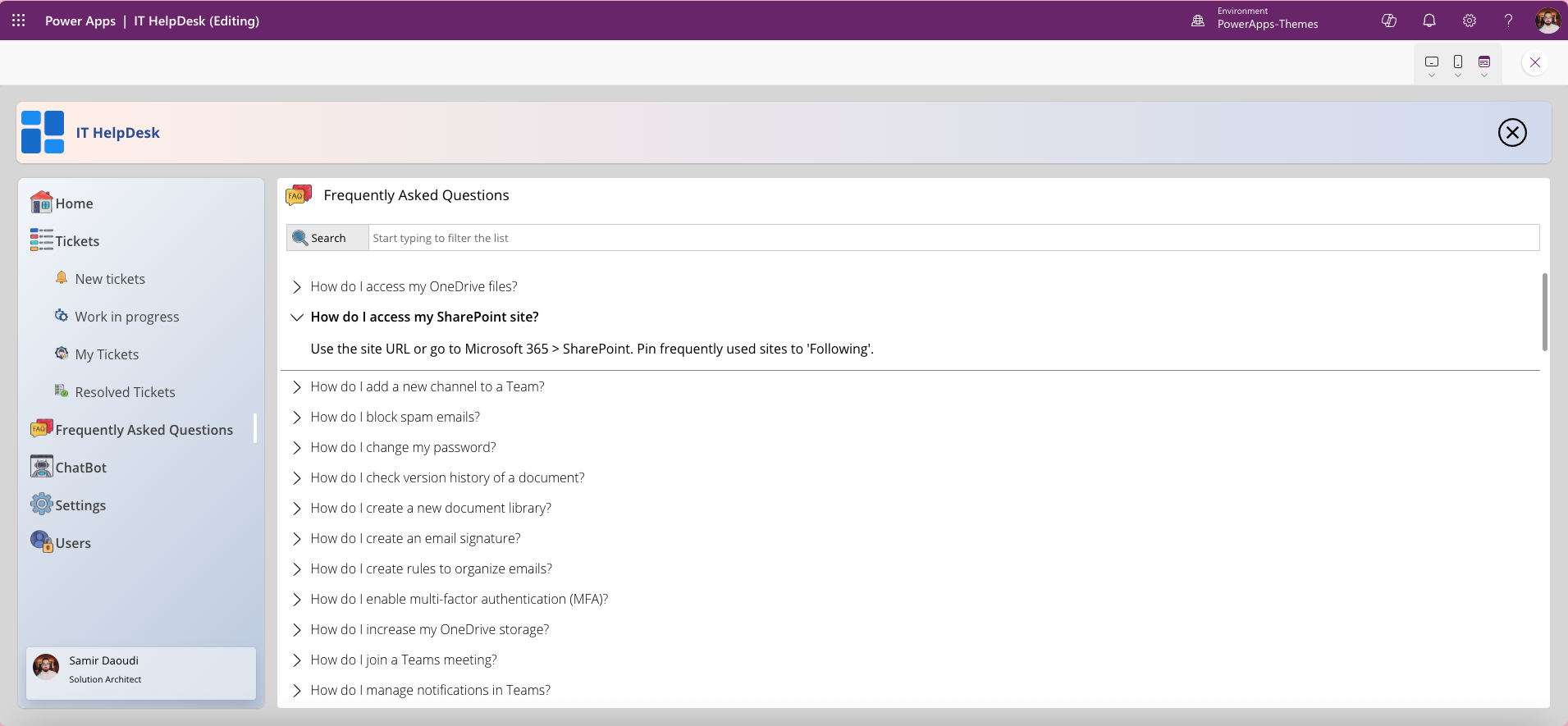 IT HelpDesk Power Apps template – FAQ self-service and chatbot support screen