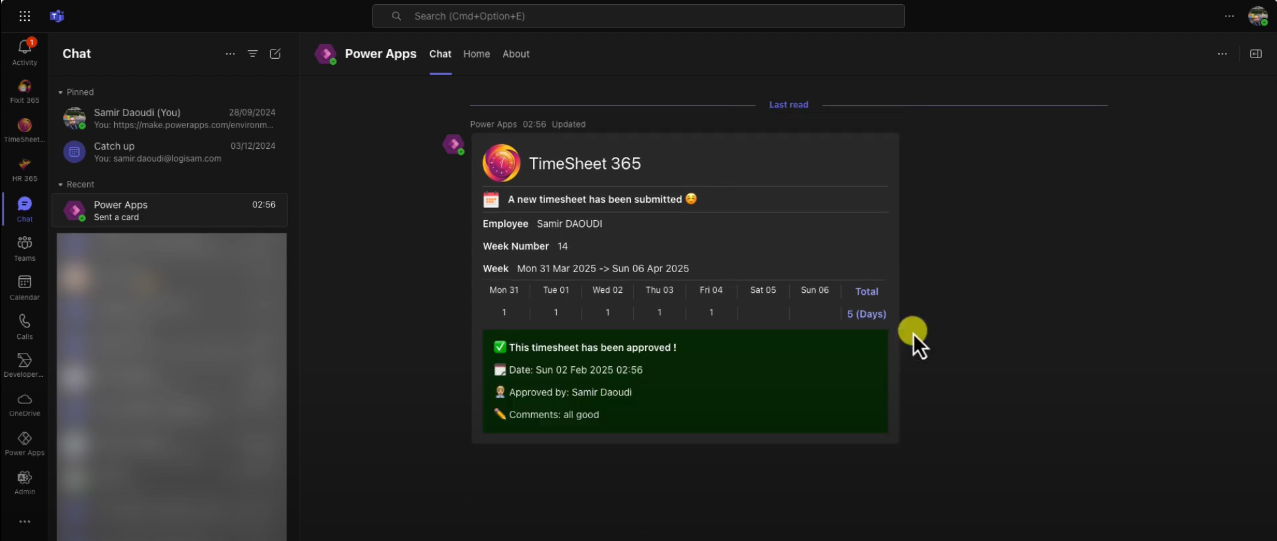 TimeSheet 365 inside Microsoft Teams