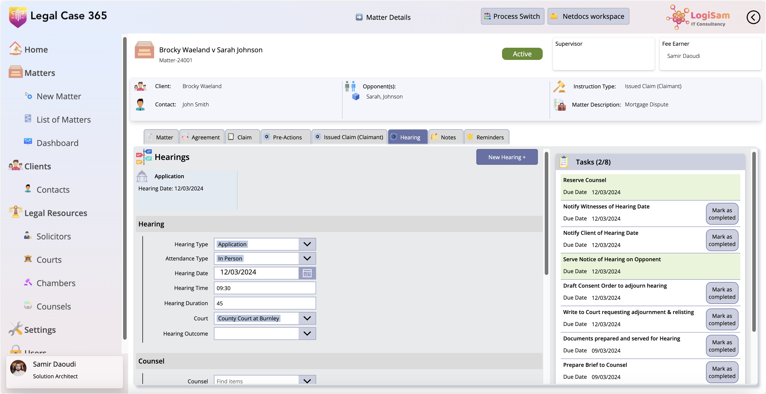 LegalCase 365 hearing tasks