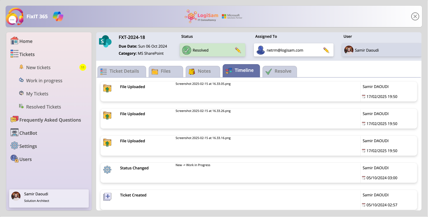 FixIt 365 ticket timeline and audit log