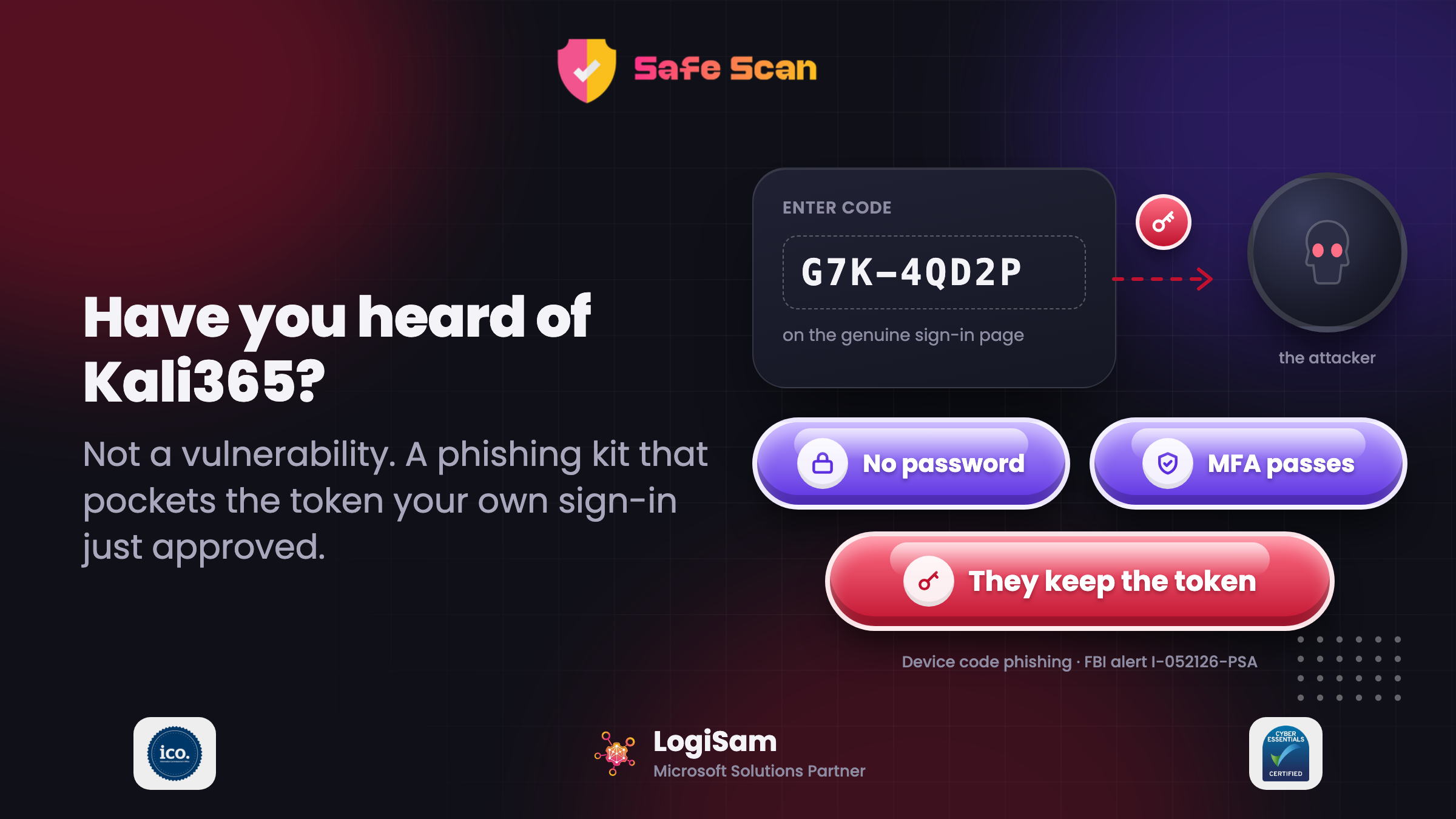 Copilot SafeScan banner: have you heard of Kali365 — a device code is entered on the genuine sign-in page and the attacker keeps the token