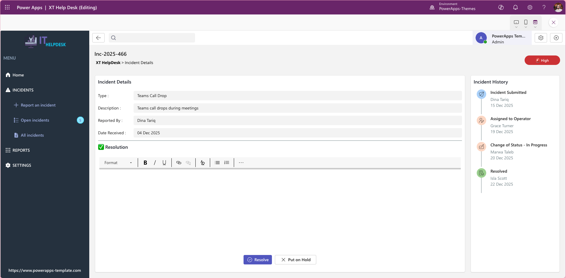Power Apps canvas helpdesk app — responsive mobile view showing open incident queue