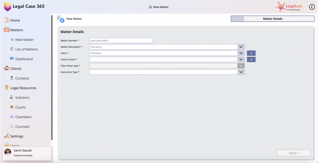 Legalcase 365 Case creation logisam UK