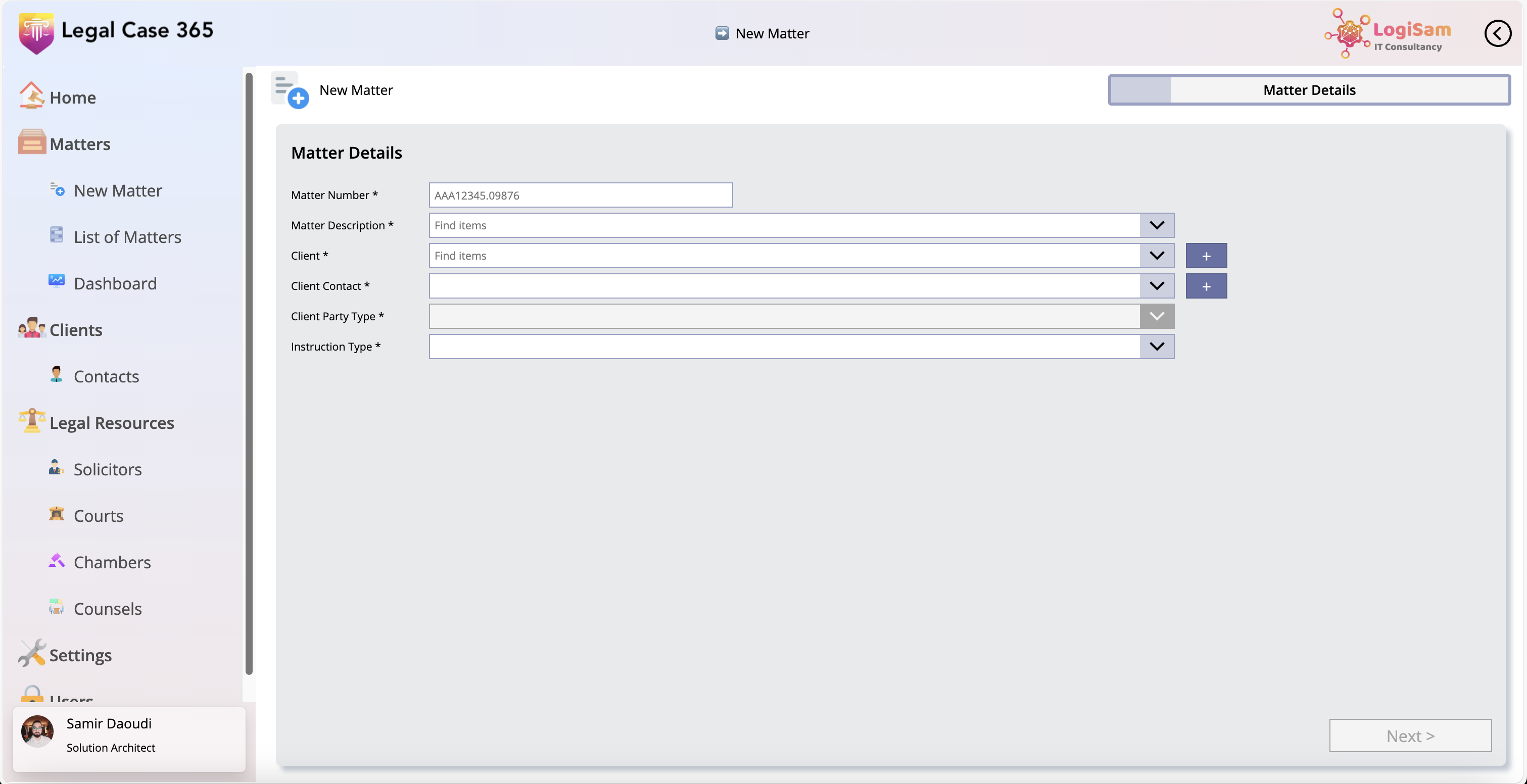 LegalCase 365 case creation wizard