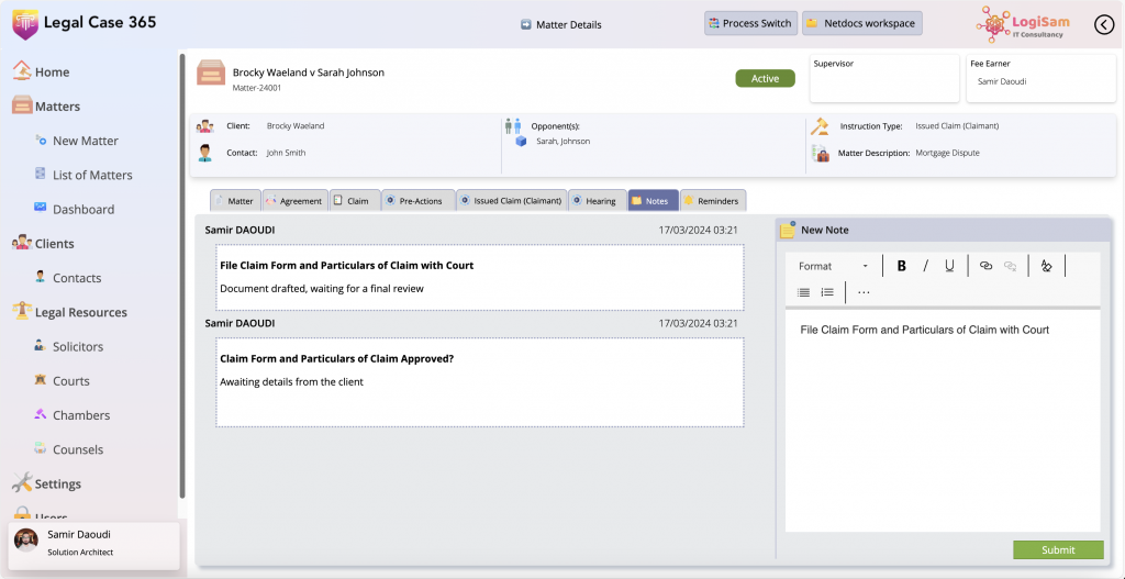 Legalcase 365 Notes expert - logisam