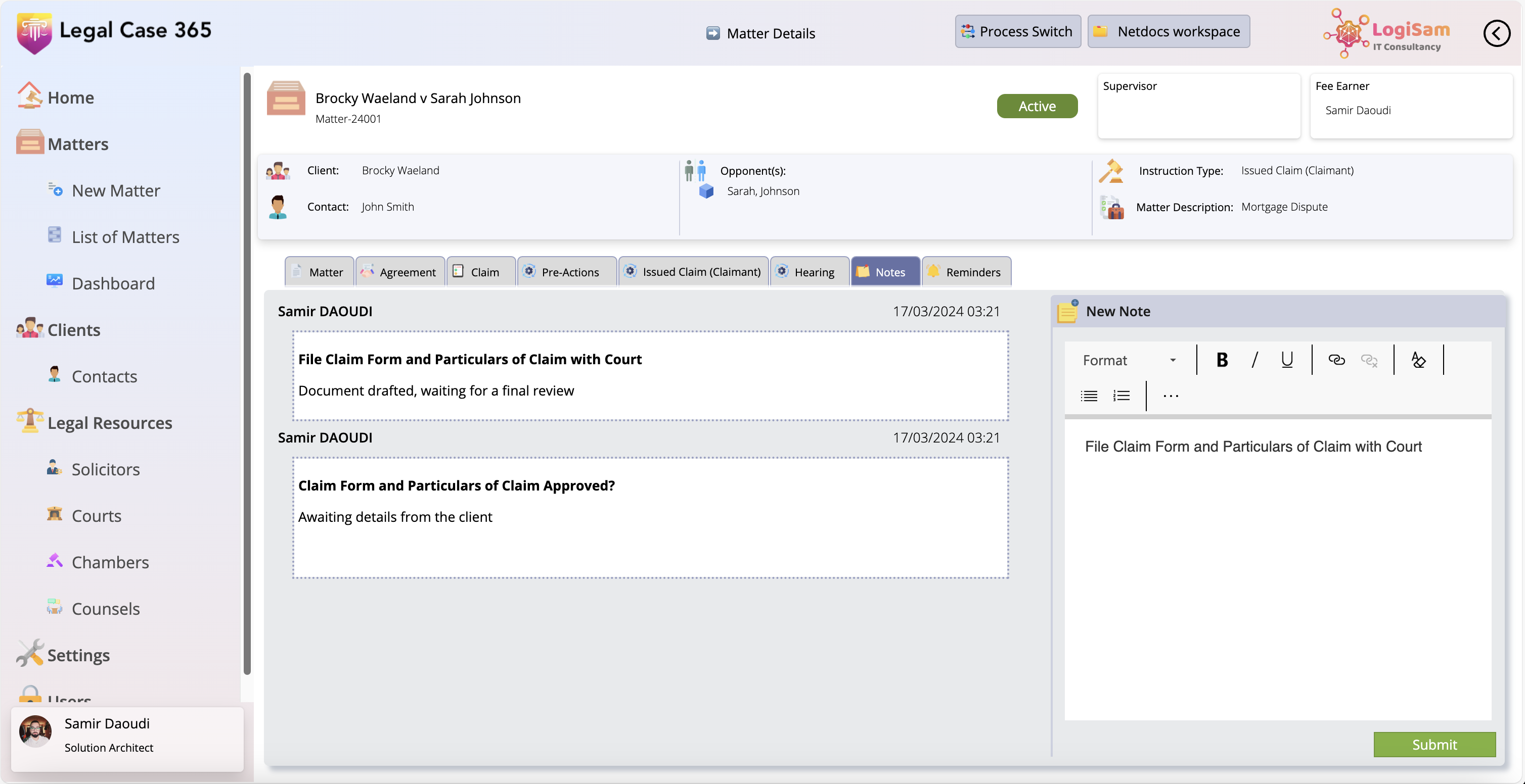 LegalCase 365 notes and reminders