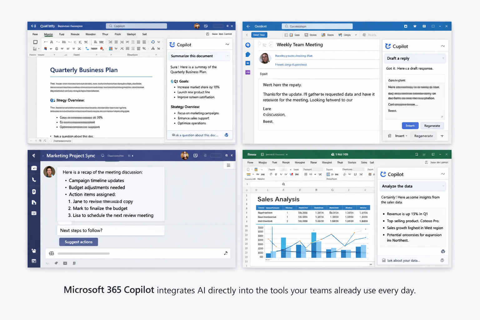 Microsoft 365 Copilot dashboard showing AI-powered productivity features across Word, Outlook, Teams and Excel