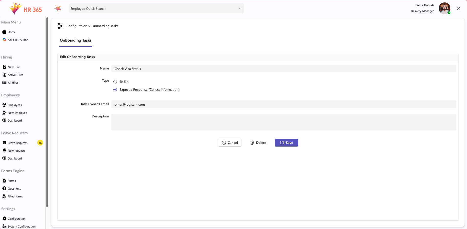 Onboarding Task details