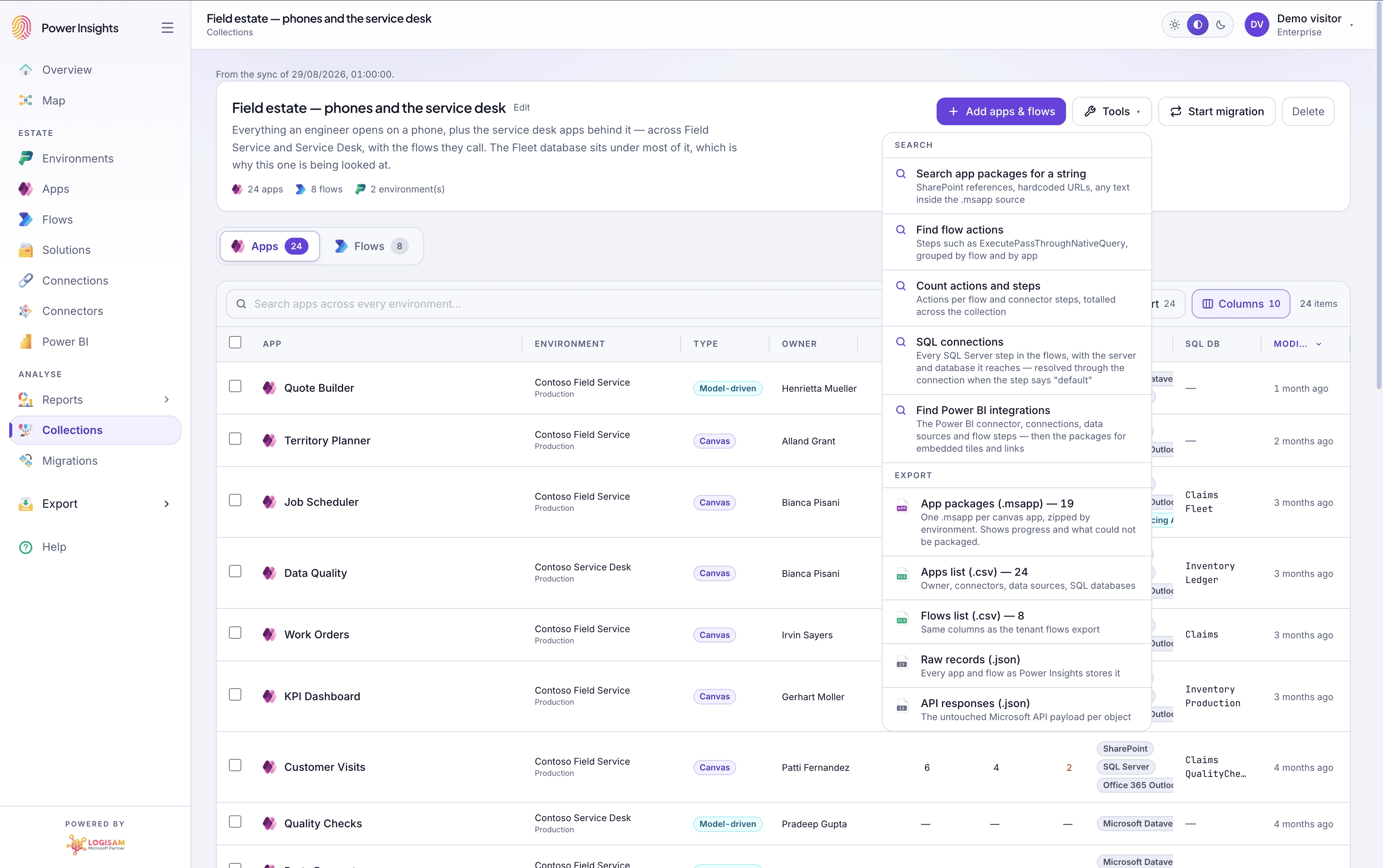 A collection spanning two environments with its tools menu open, showing search and export actions