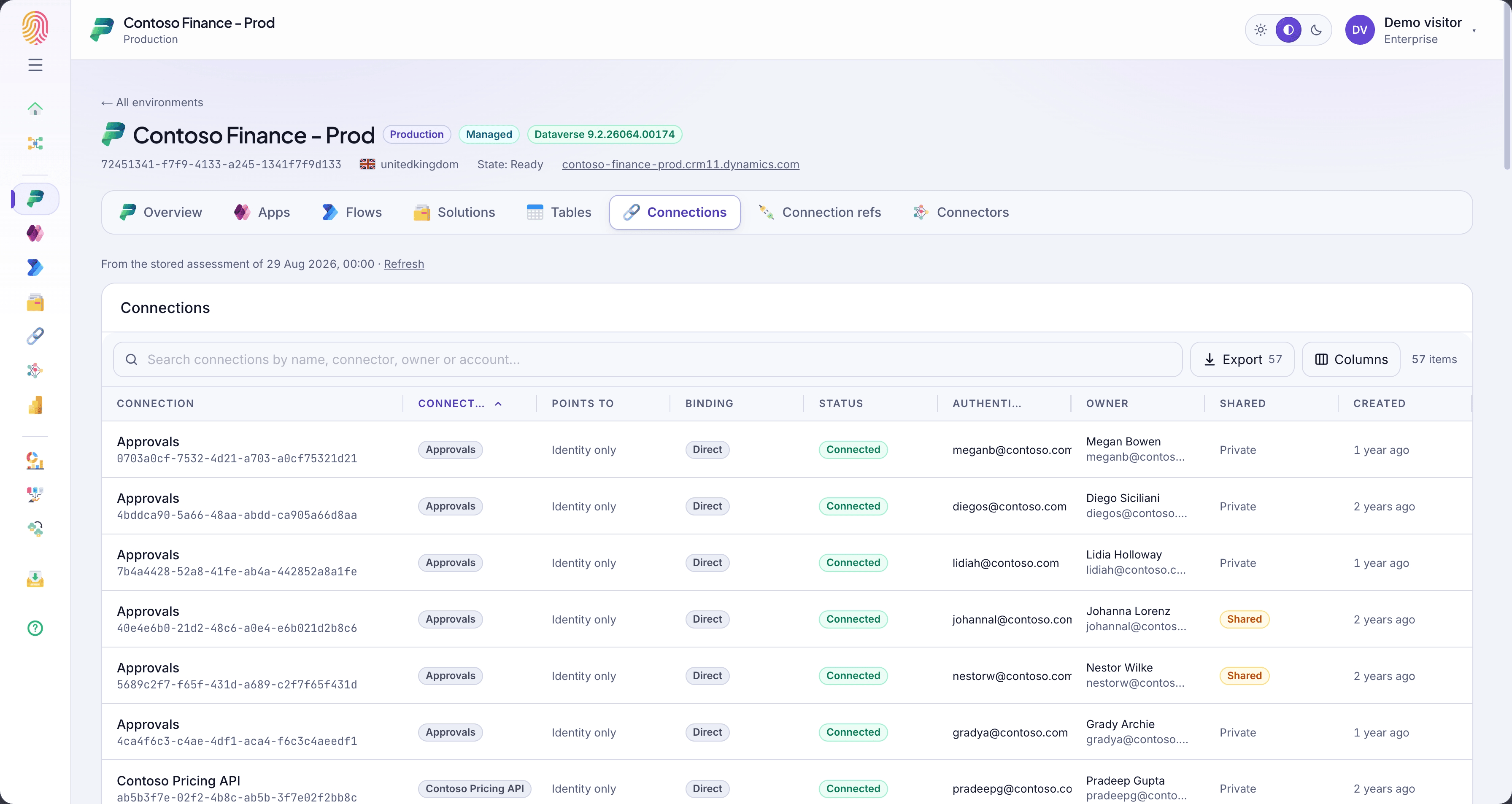 Connections tab showing each connection, its connector, status and the account it authenticates as