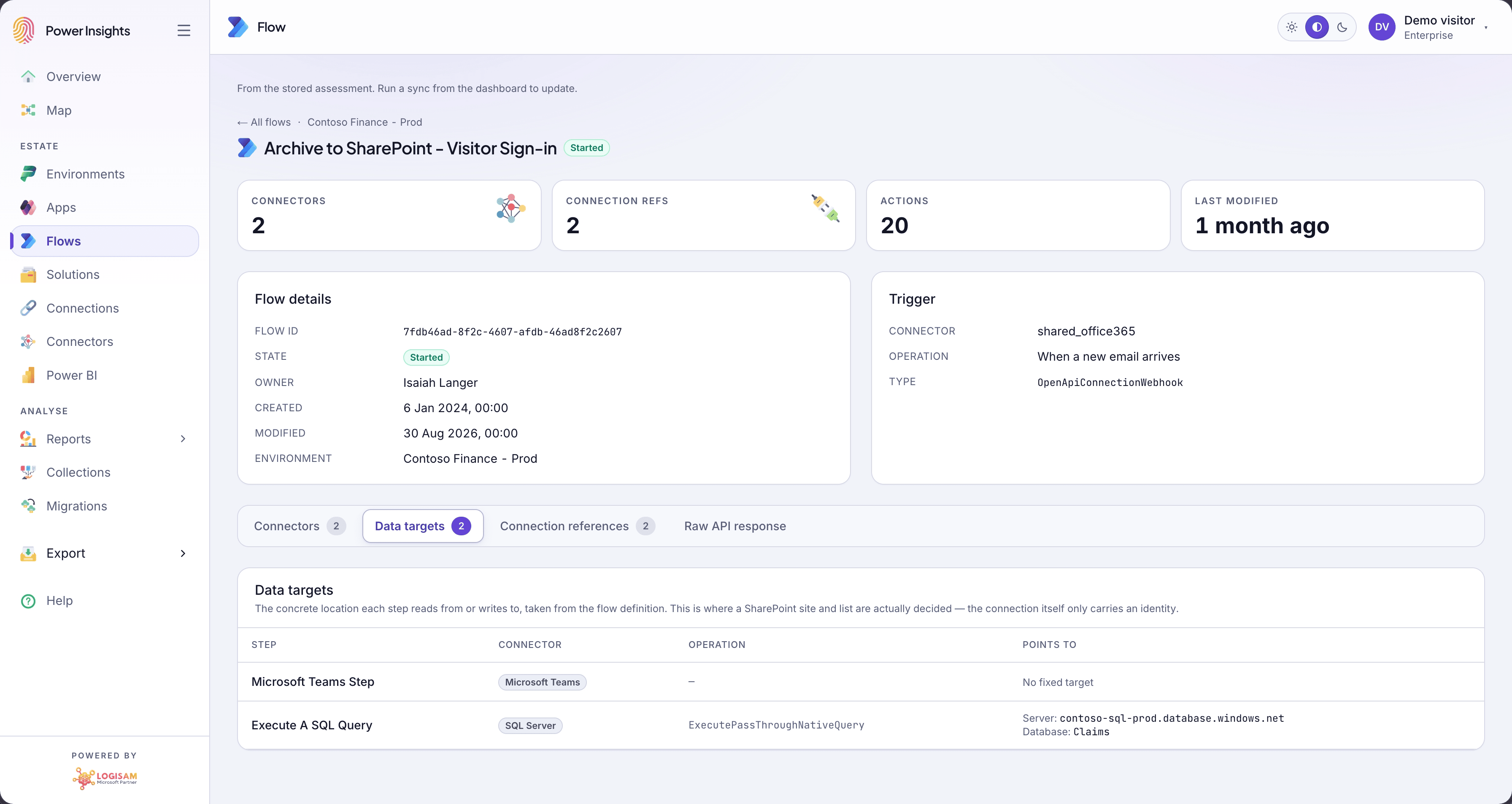 Data targets tab of a flow listing each step with its connector, operation and the server and database it points to