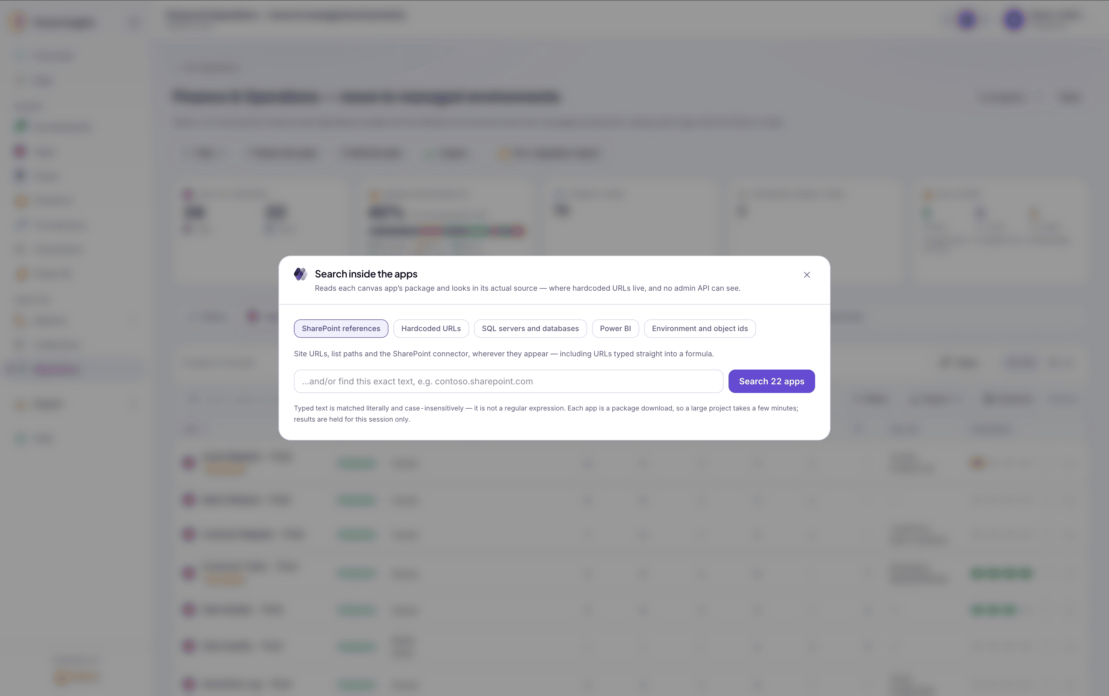 Search inside the apps dialog with prepared searches for SharePoint references, hardcoded URLs, SQL servers and databases, Power BI and environment or object ids