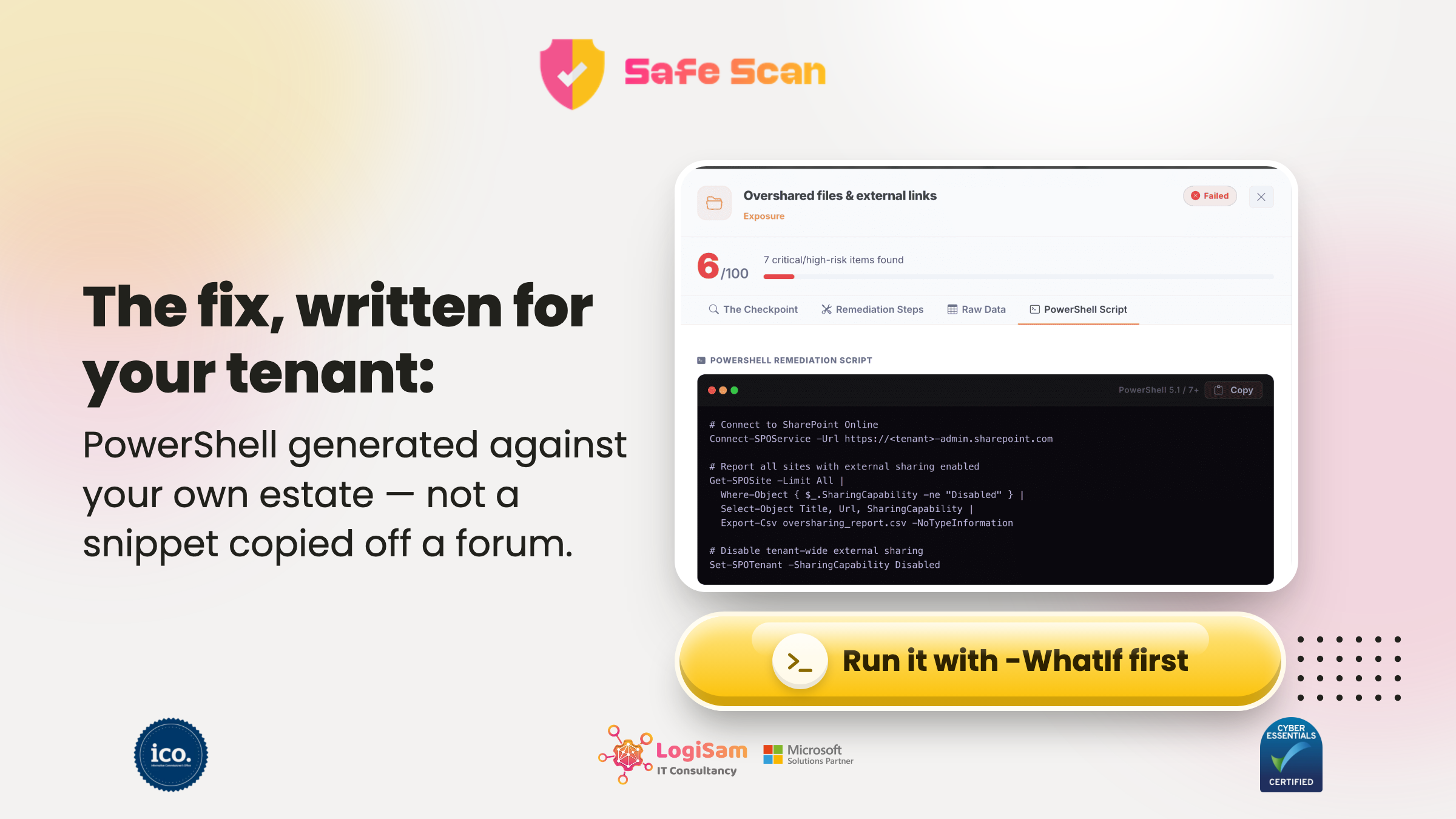 Copilot SafeScan checkpoint detail showing a generated PowerShell remediation script